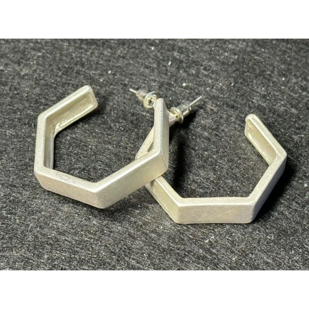 Silver Tone Hexagon Shaped Hoop Earrings Geometric Modern Style New with Tags